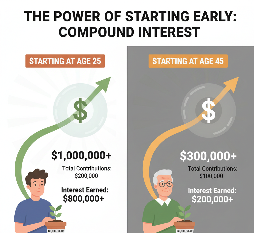 how does the age that a person starts saving impact the amount they can earn in compound interest